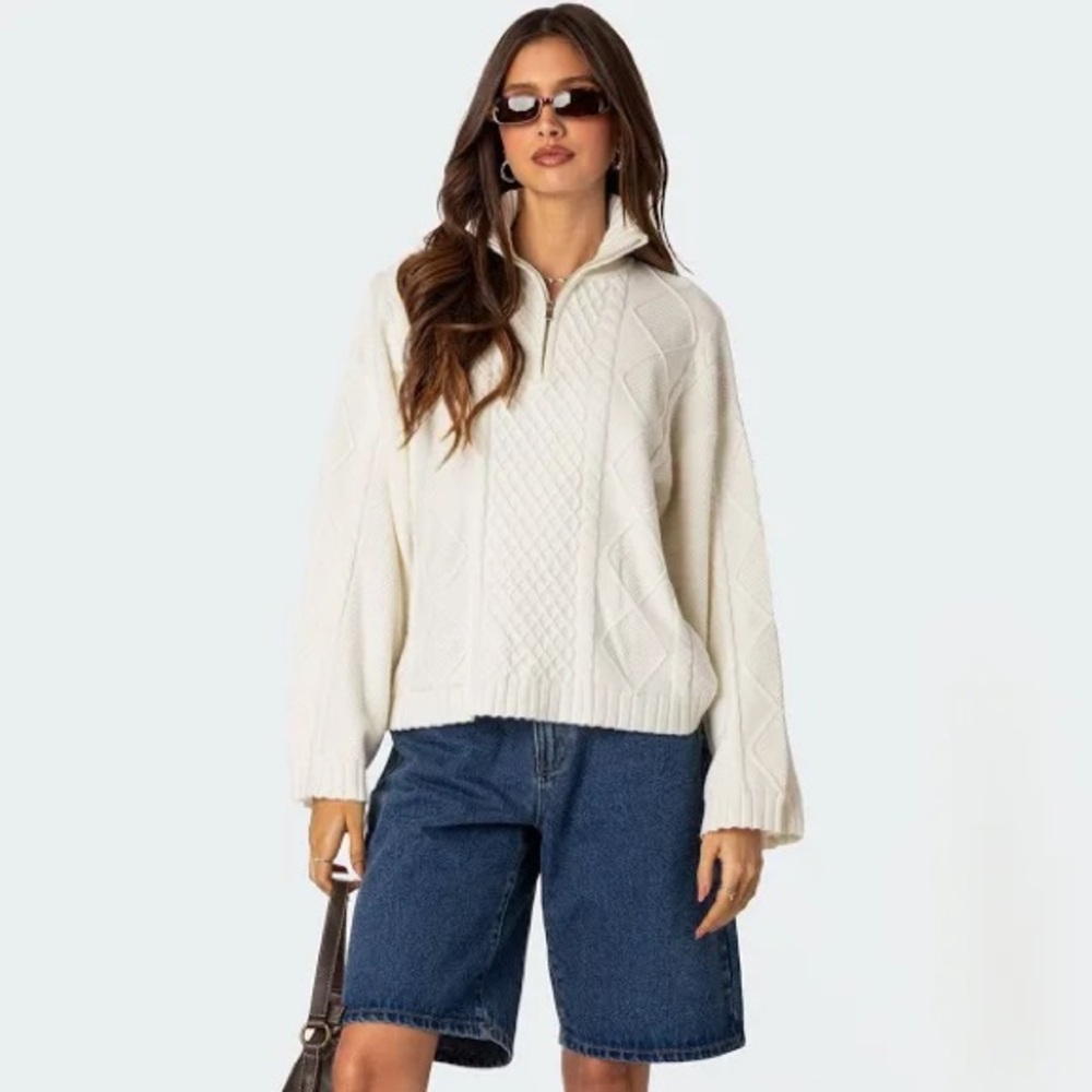 Edikted Quarter Zip Cable Knit Sweater